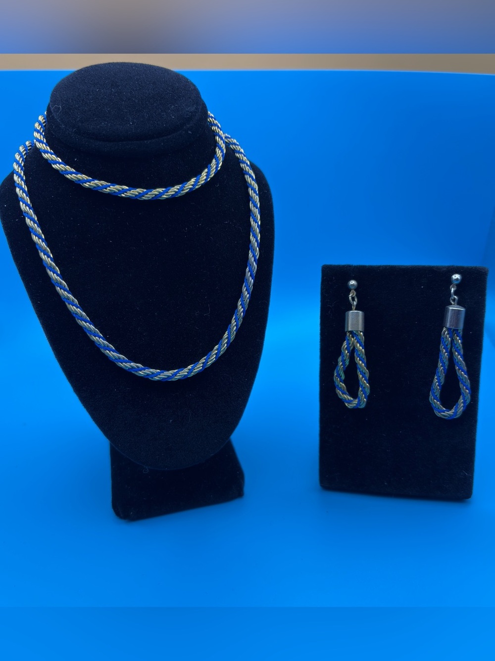 Source Unknown Blue and Gold Braided Rope Necklace and Earring Set